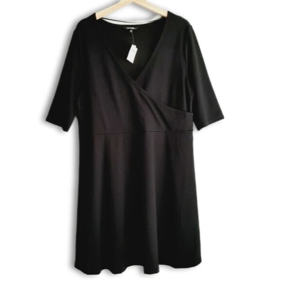 GEORGE Faux Wrap Short Sleeve Soft & Stretchy Knee Length Midi Dress Black Sz XL - Picture 1 of 9
